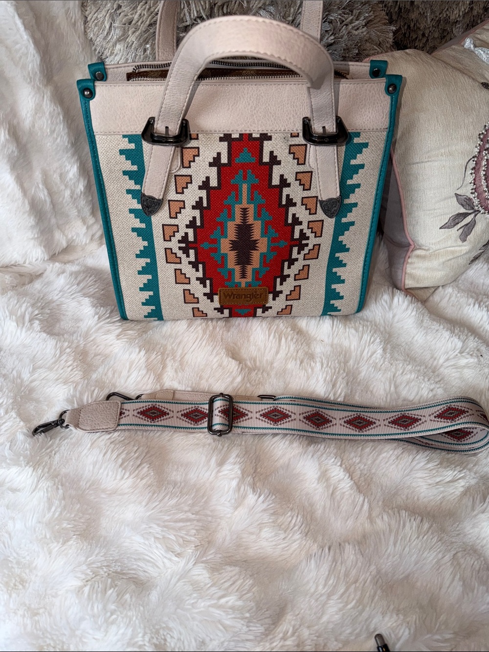 Wrangler Cream, Teal & Red Southwestern aztec print Satchel - Picture 7 of 7